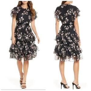 Rachel Parcell Black and Pink Floral Tiered Ruffle Dress Size S